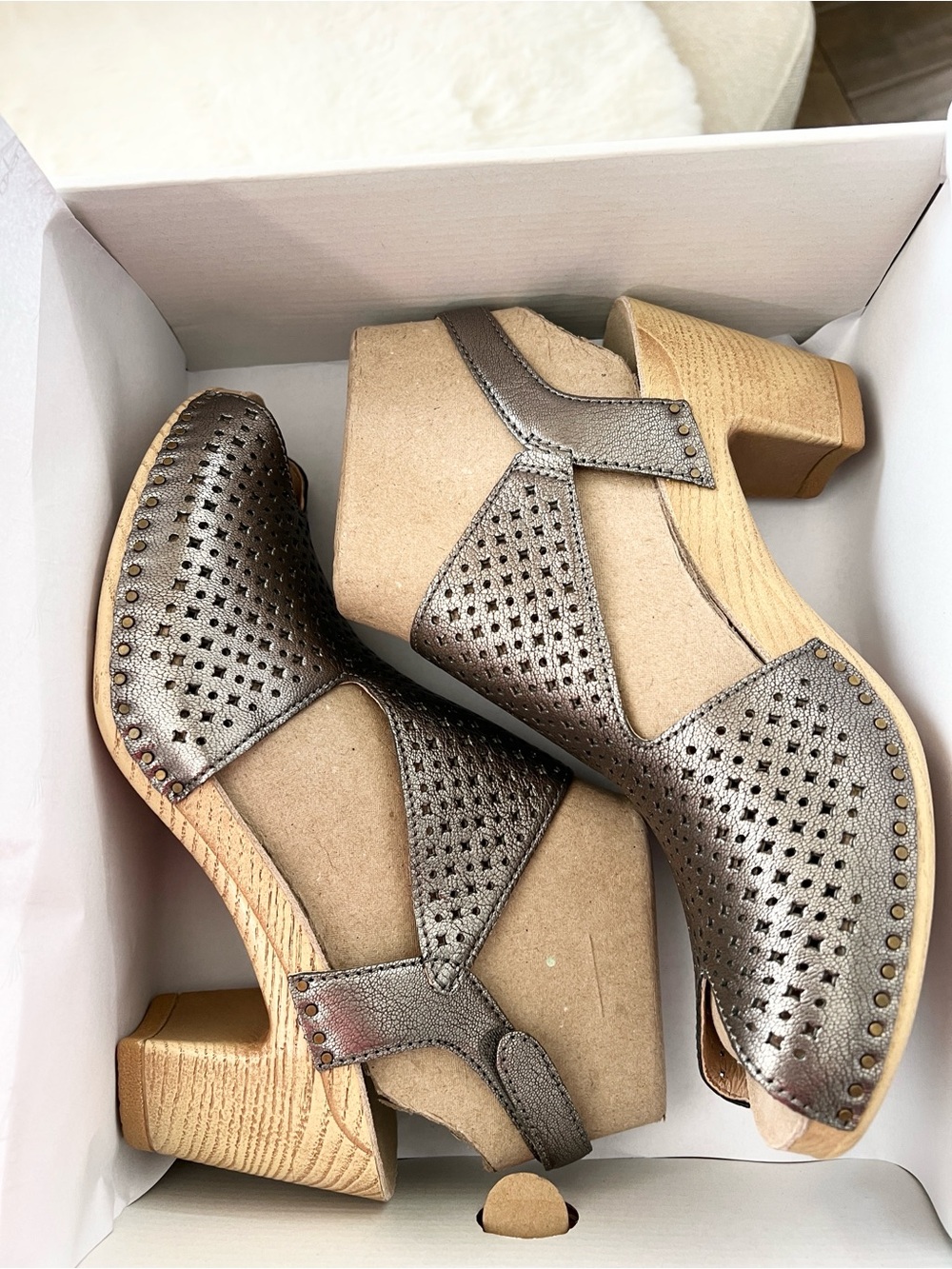 Dansko Metallic Perforated Leather Block Heel Sandal